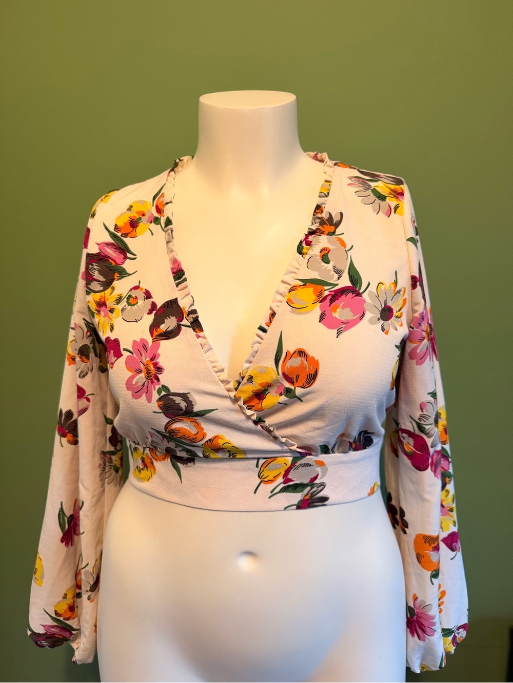 Zara Cream Wrap Crop Top with Pink and Orange Floral Print